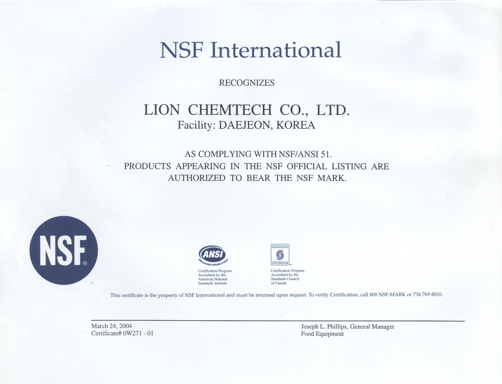 Lion Chemtech Co. Ltd. Megfelel az NSF ANSI51 szabványoknak